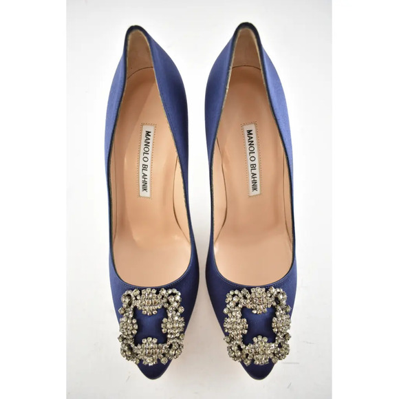 Manolo Blahnik Hangisi 105 Navy Blue Satin Crystal Jewel Buckle Heel Pump 40 - Picture 8 of 12